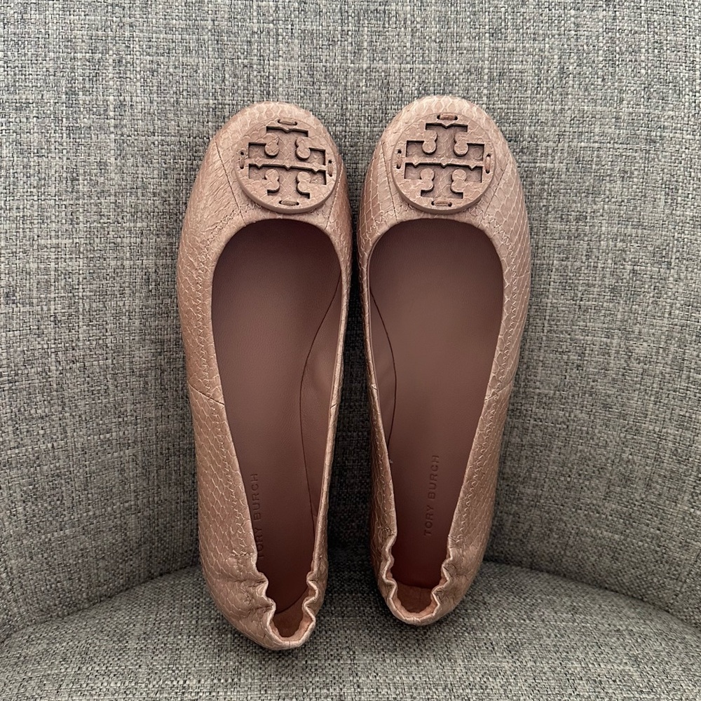 Tory Burch Minnie Ballet Snake Leather Flat Shoes in Pink Beige Meadowsweet